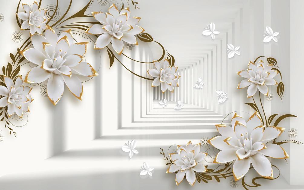 Фотошпалери Білі квіти з позолотою, тематика: 3Д шпалери у спальню