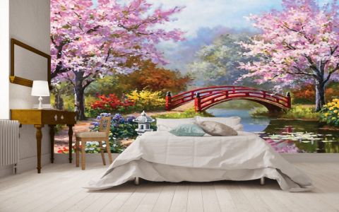 Фотообои Мостик над прудом • Тематика: Распродажа фотообоев | Арт обои пруд, кувшинки, мостик, деревья, цвет