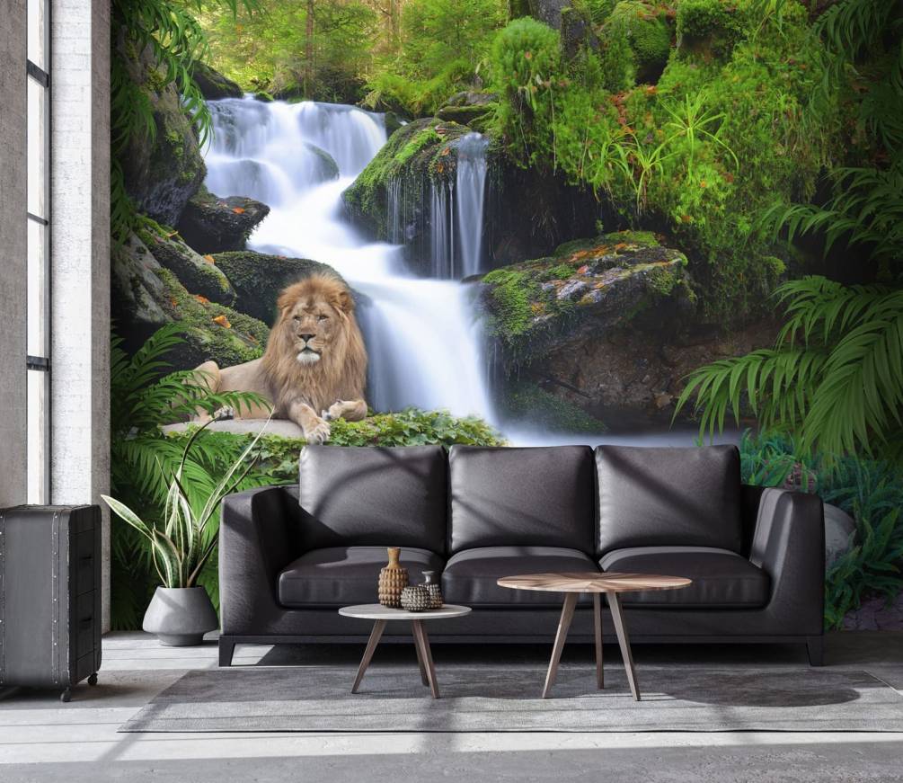 Фотошпалери Лев біля водоспаду, тематика: Природа