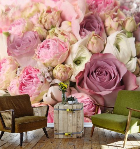 Фотообои розовые цветы в интерьере