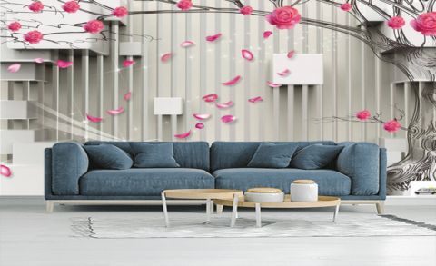Фотообои красные розы кубы 3d • Тематика: Распродажа фотообоев | Арт обои 3d розы и кубы