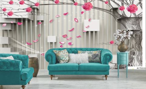 Фотообои красные розы кубы 3d • Тематика: Распродажа фотообоев | Арт обои 3d розы и кубы
