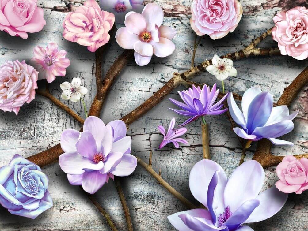 Фотообои Красивые 3д цветы на ветках, тематика: Стереоскопические обои
