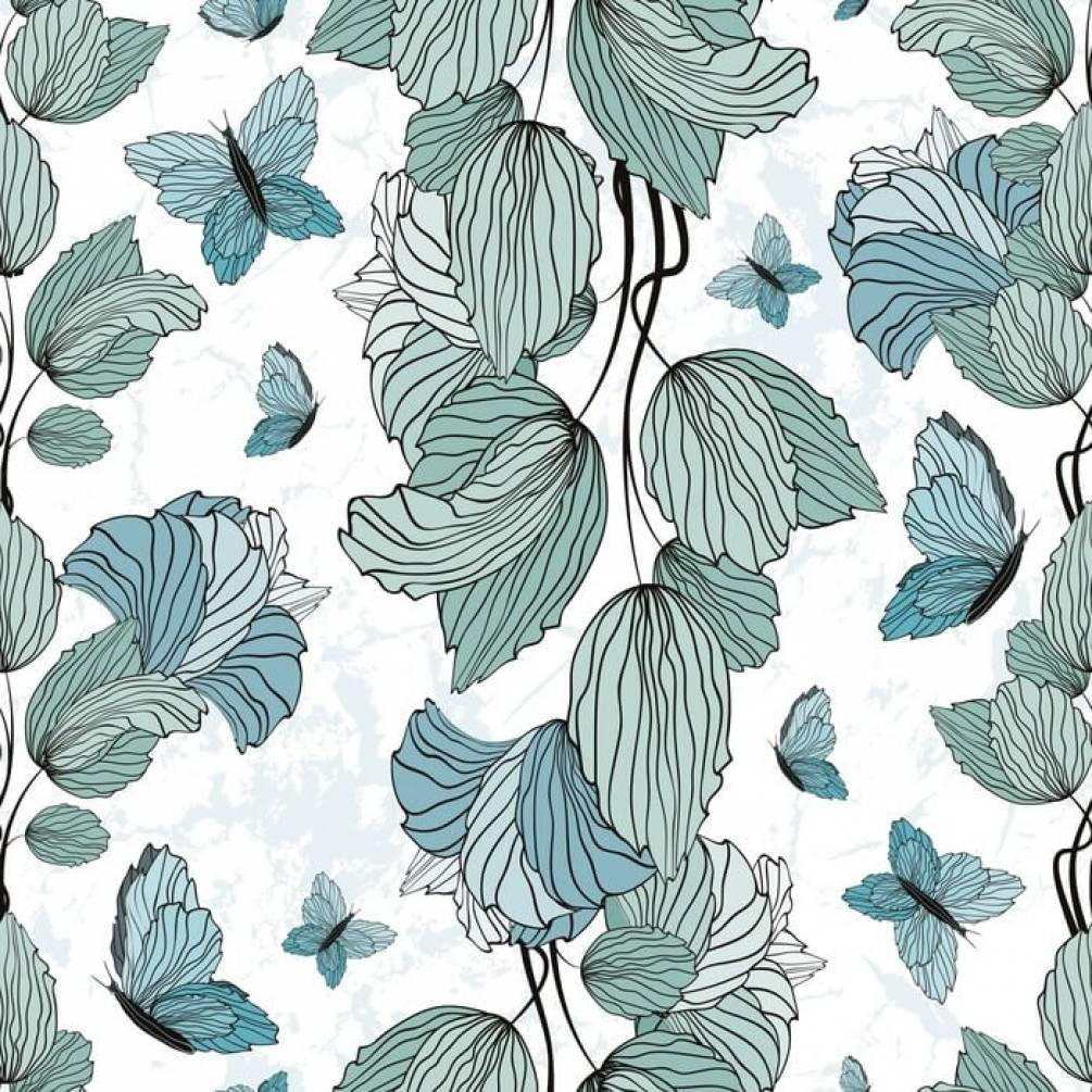 Фотошпалери Блакитні квіти і метелики з контуром, тематика: Шпалери в передпокій